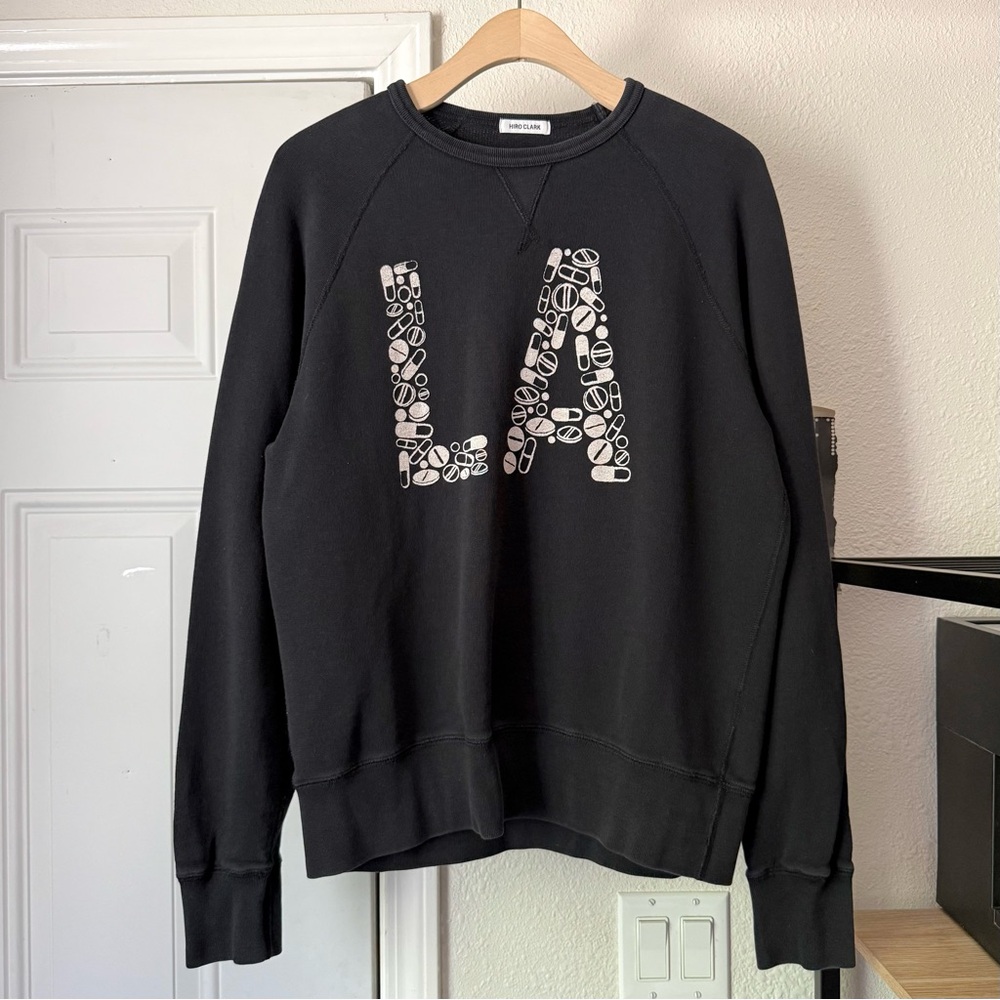 HIRO CLARK black la graphic terry knit crew neck long sleeve pullover‎ sweater